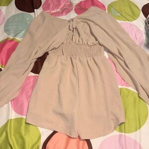 Smocked-Waist V-Neck Romper in Cream